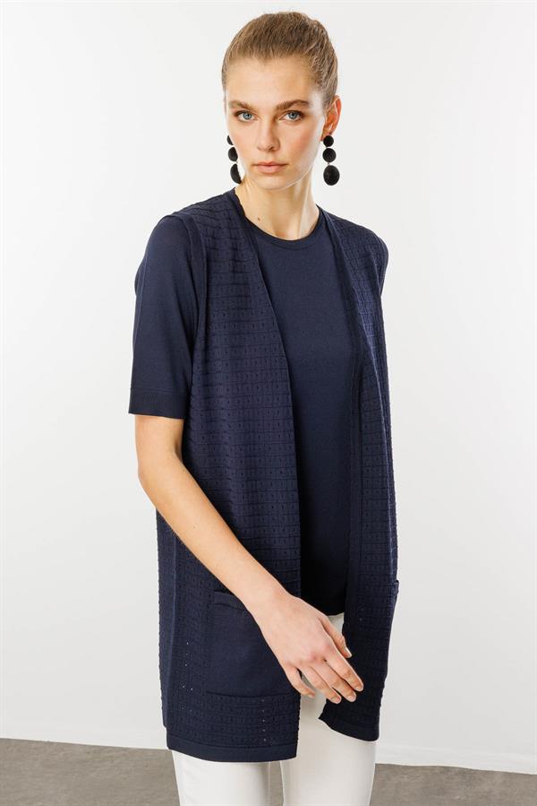 Kadın Kare Örgülü Uzun Triko Yelek Lacivert