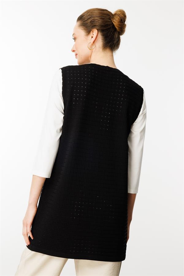 Kadın Kare Örgülü Uzun Triko Yelek Siyah