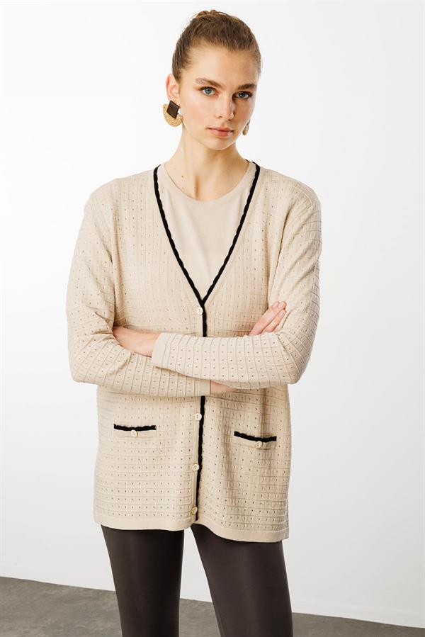 Kadın Kare Örgülü Yazlık Triko Hırka Bej