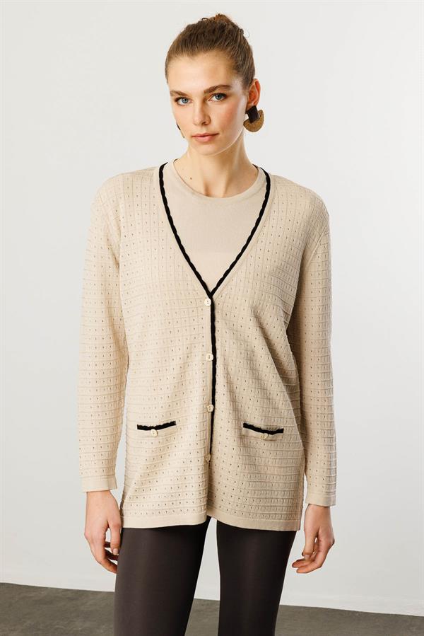 Kadın Kare Örgülü Yazlık Triko Hırka Bej