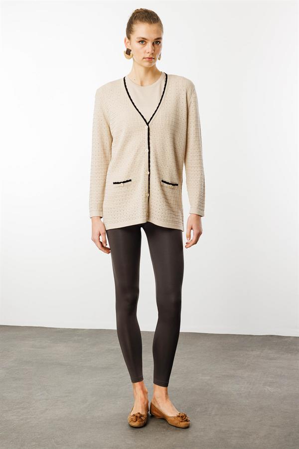 Kadın Kare Örgülü Yazlık Triko Hırka Bej