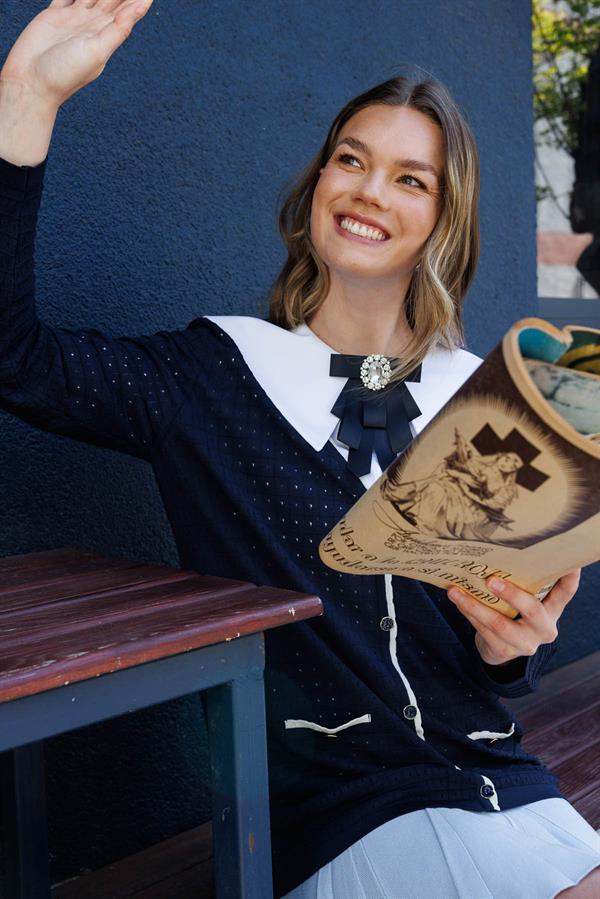 Kadın Kare Örgülü Yazlık Triko Hırka Lacivert