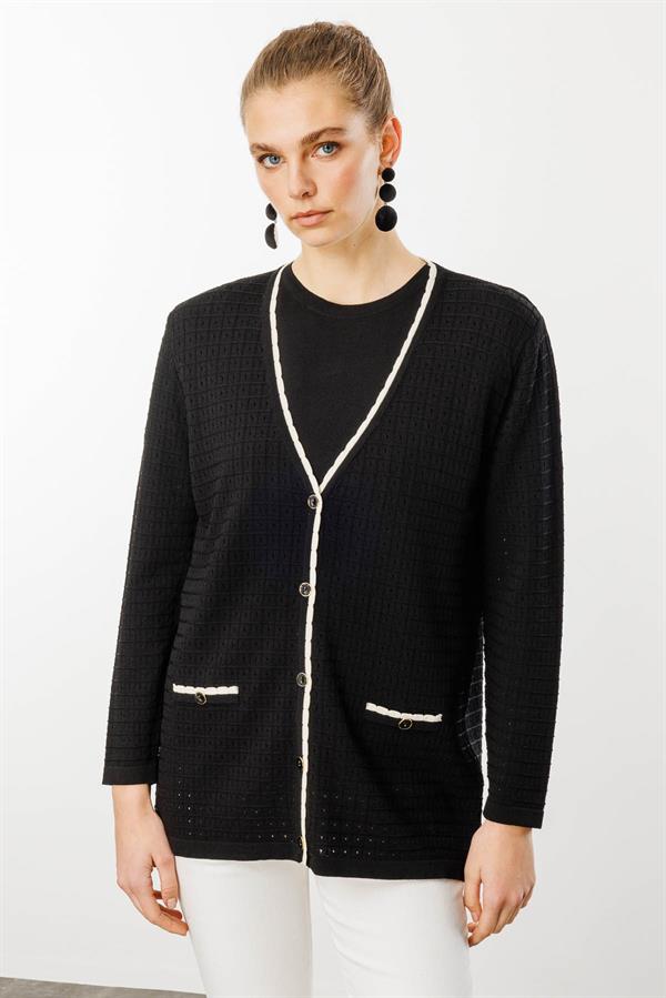 Kadın Kare Örgülü Yazlık Triko Hırka Siyah