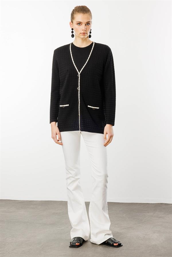 Kadın Kare Örgülü Yazlık Triko Hırka Siyah