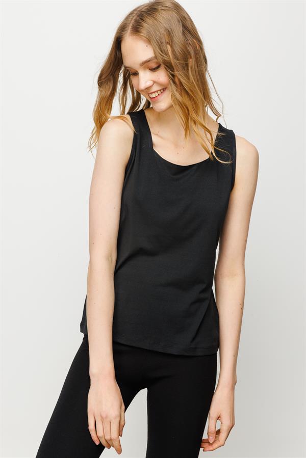 Womens Square Collar Strap T-shirt Black