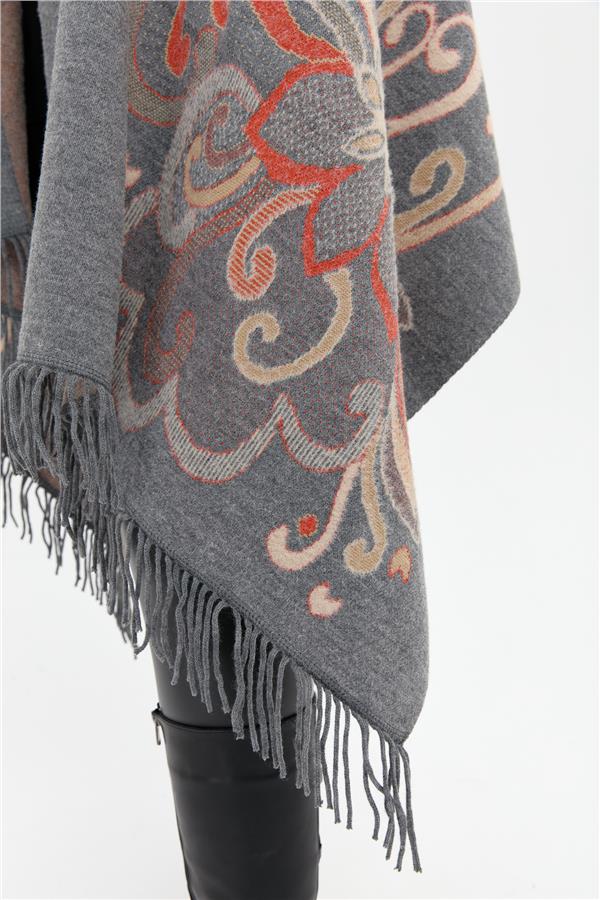 Kadın Karışık Büyük Çiçek Desenli Battal Boy Şal Füme_Portakal Sim