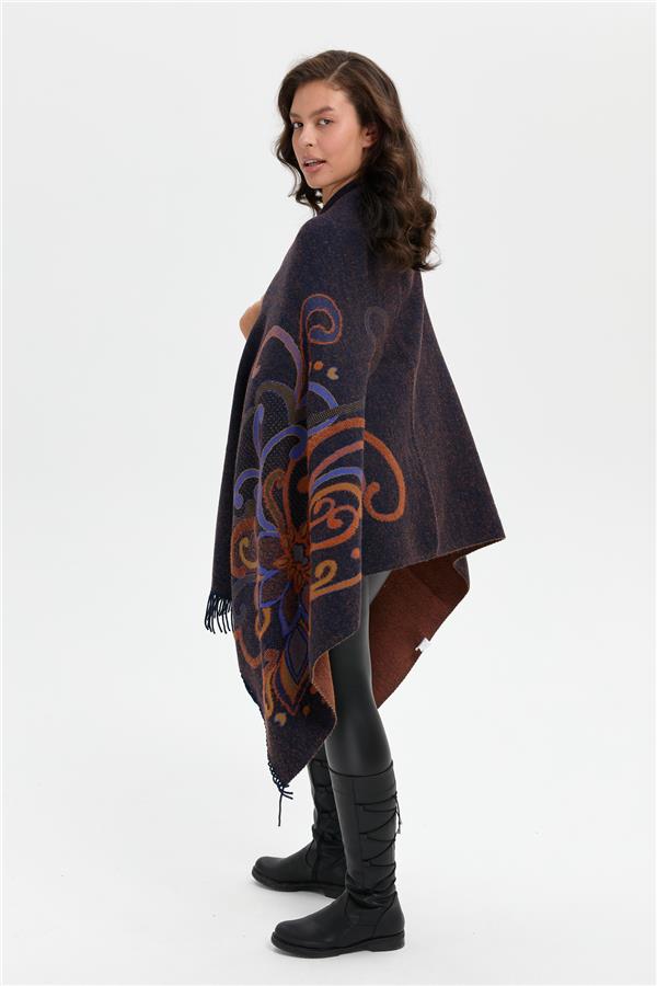 Kadın Karışık Büyük Çiçek Desenli Battal Boy Şal Lacivert_Sax Sim