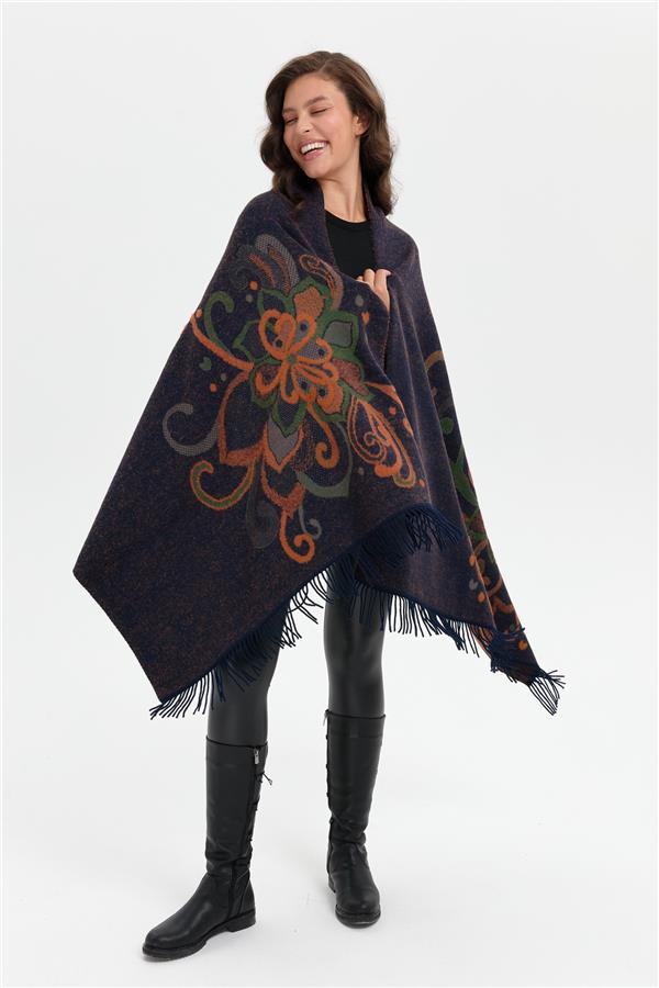 Kadın Karışık Büyük Çiçek Desenli Battal Boy Şal Lacivert_Ö.başı