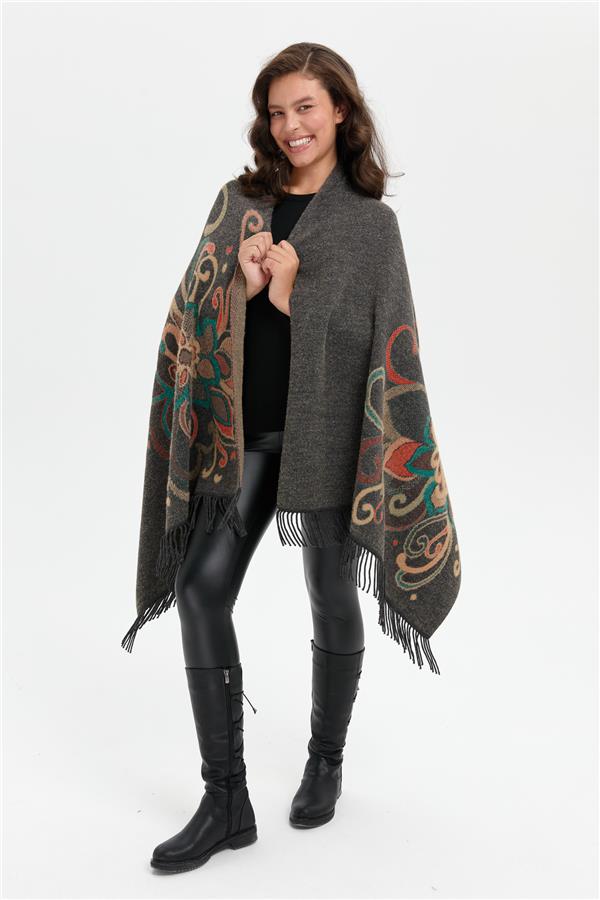 Kadın Karışık Büyük Çiçek Desenli Battal Boy Şal K.Füme