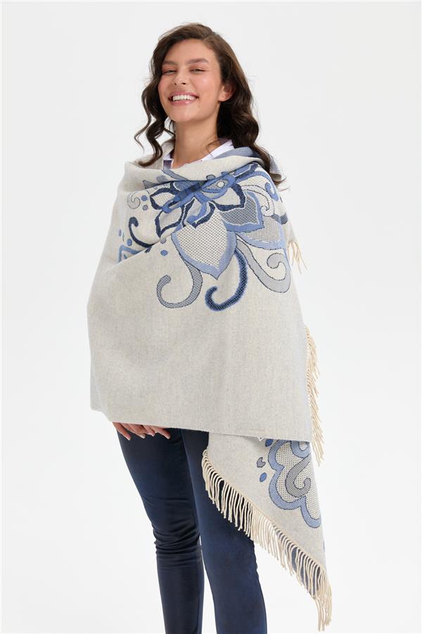 Kadın Karışık Büyük Çiçek Desenli Battal Boy Şal T.Melanj_Laci Gümüş Sim