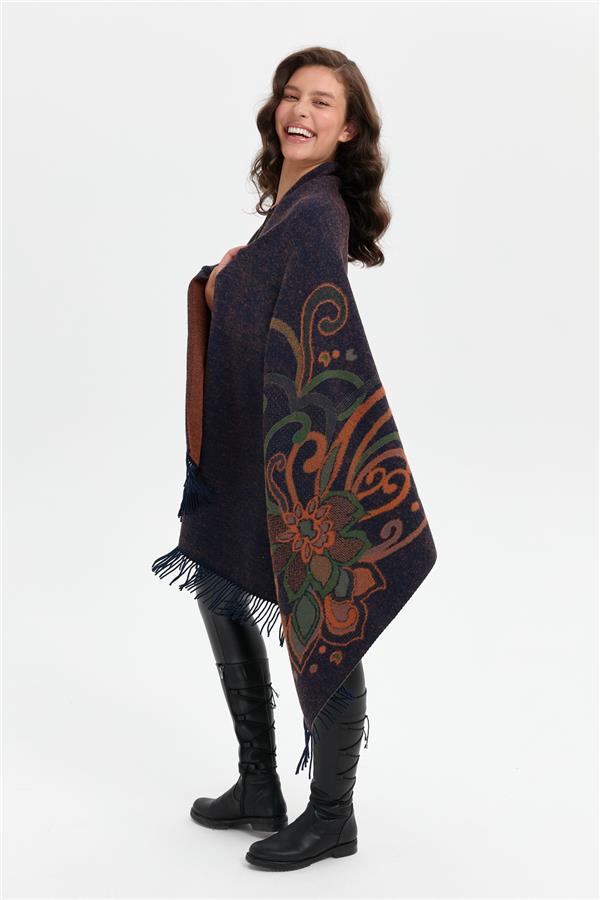 Kadın Karışık Büyük Çiçek Desenli Battal Boy Şal Lacivert_Ö.başı