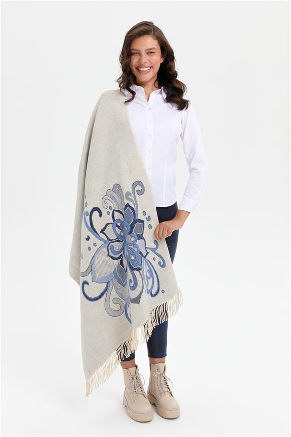 Kadın Karışık Büyük Çiçek Desenli Battal Boy Şal T.Melanj_Laci Gümüş Sim