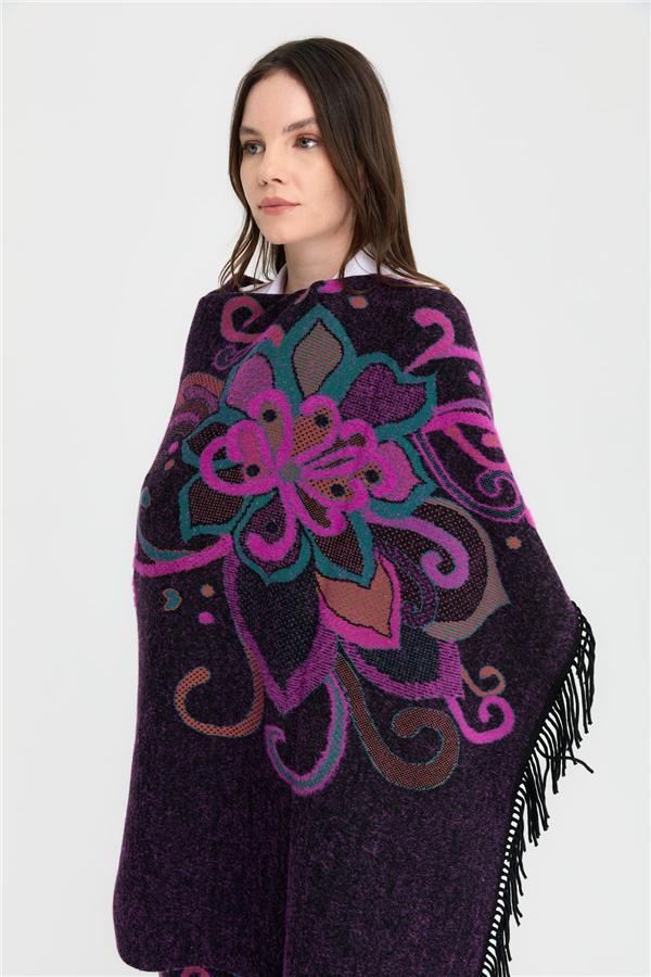 Kadın Karışık Büyük Çiçek Desenli Battal Boy Şal Siyah