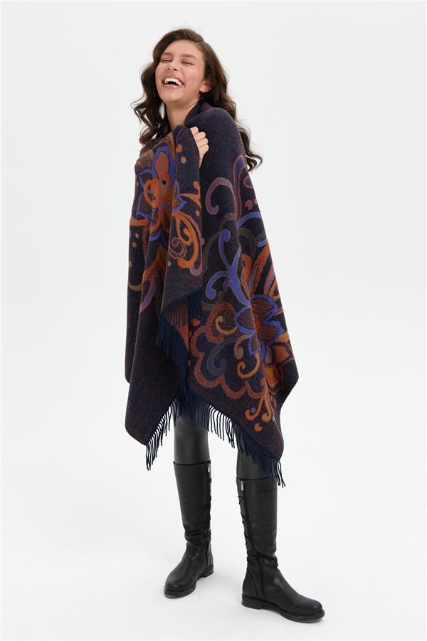 Kadın Karışık Büyük Çiçek Desenli Battal Boy Şal Lacivert_Sax Sim