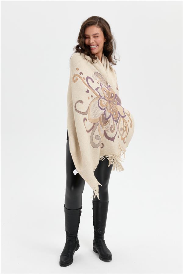 Kadın Karışık Büyük Çiçek Desenli Battal Boy Şal T.Melanj_Mor Sarı Sim