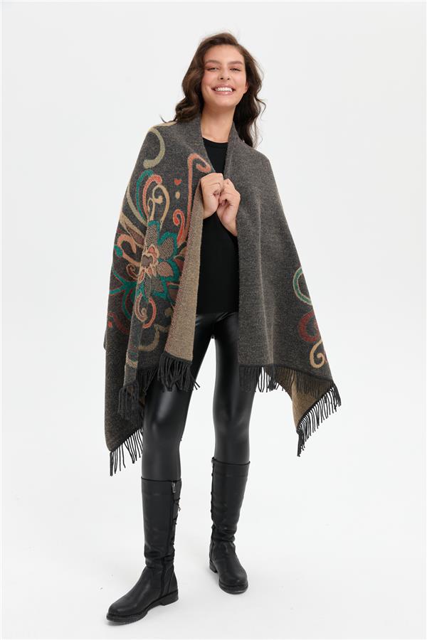 Kadın Karışık Büyük Çiçek Desenli Battal Boy Şal K.Füme