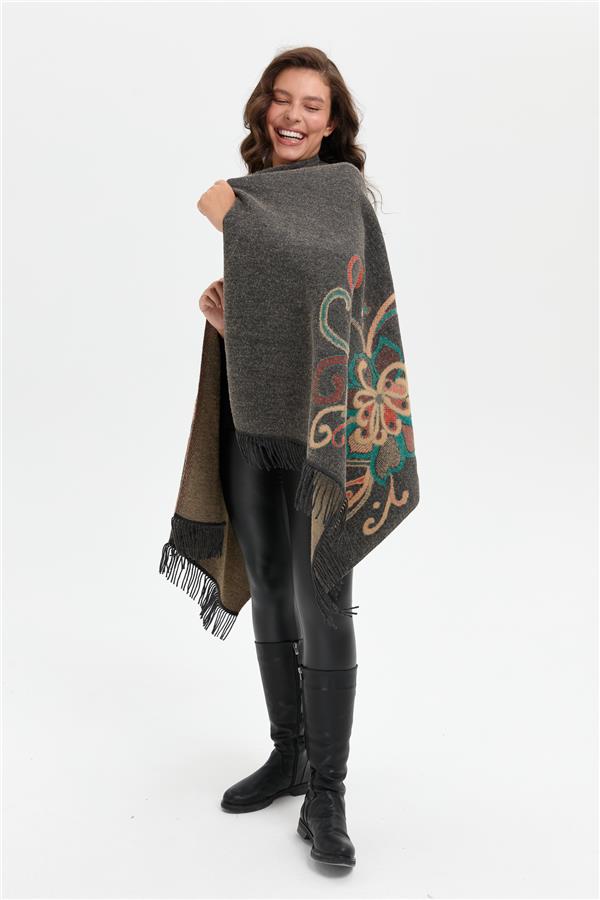 Kadın Karışık Büyük Çiçek Desenli Battal Boy Şal K.Füme