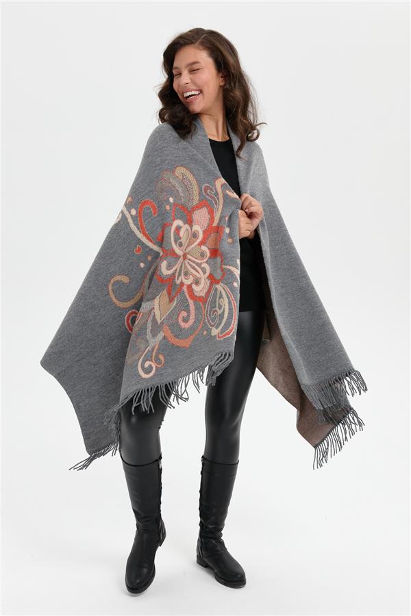 Kadın Karışık Büyük Çiçek Desenli Battal Boy Şal Füme_Portakal Sim