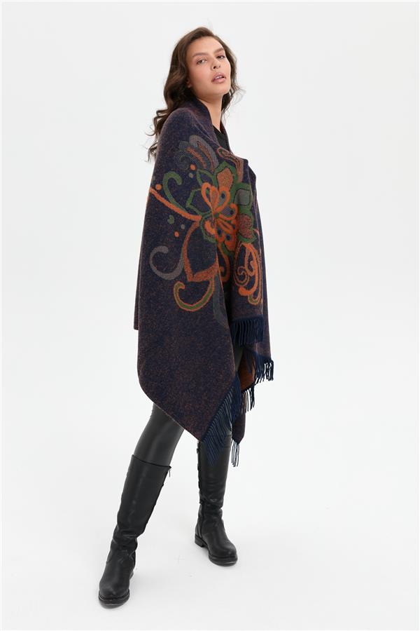 Kadın Karışık Büyük Çiçek Desenli Battal Boy Şal Lacivert_Ö.başı