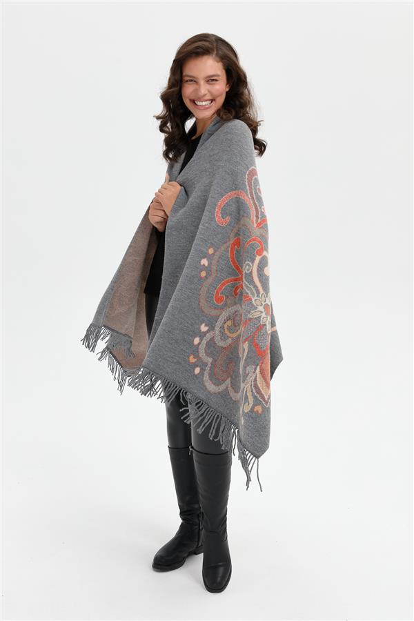 Kadın Karışık Büyük Çiçek Desenli Battal Boy Şal Füme_Portakal Sim