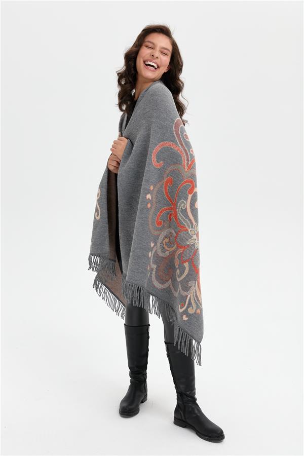 Kadın Karışık Büyük Çiçek Desenli Battal Boy Şal Füme_Portakal Sim