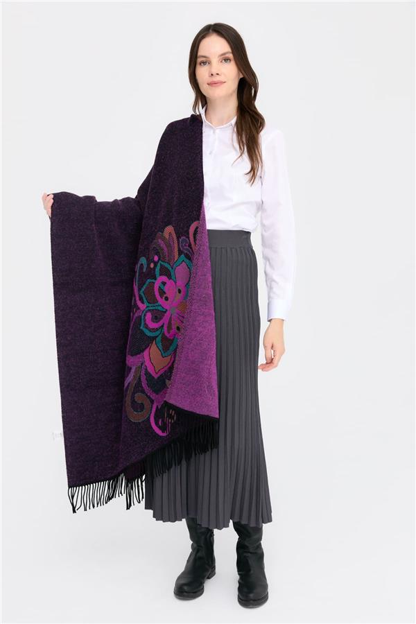 Kadın Karışık Büyük Çiçek Desenli Battal Boy Şal Siyah