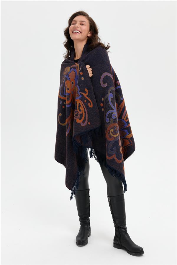 Kadın Karışık Büyük Çiçek Desenli Battal Boy Şal Lacivert_Sax Sim