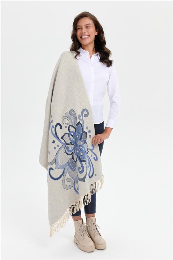 Kadın Karışık Büyük Çiçek Desenli Battal Boy Şal T.Melanj_Laci Gümüş Sim