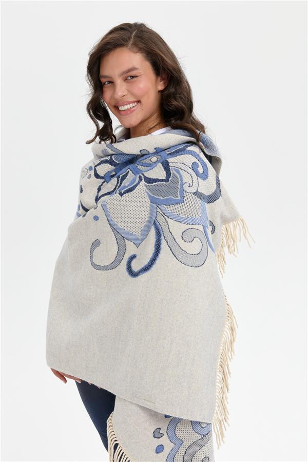 Kadın Karışık Büyük Çiçek Desenli Battal Boy Şal T.Melanj_Laci Gümüş Sim