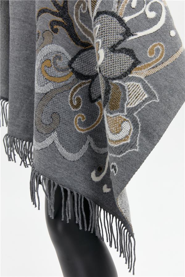 Kadın Karışık Büyük Çiçek Desenli Battal Boy Şal Füme