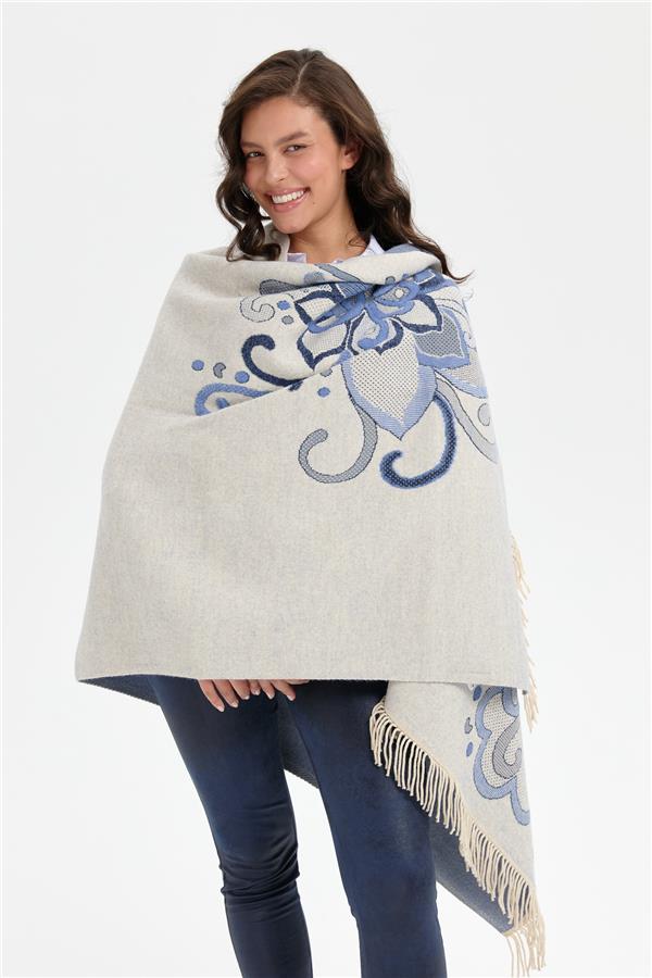 Kadın Karışık Büyük Çiçek Desenli Battal Boy Şal T.Melanj_Laci Gümüş Sim