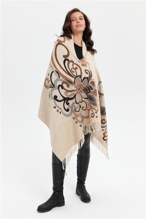 Kadın Karışık Büyük Çiçek Desenli Battal Boy Şal T.Melanj_Siyah Sim