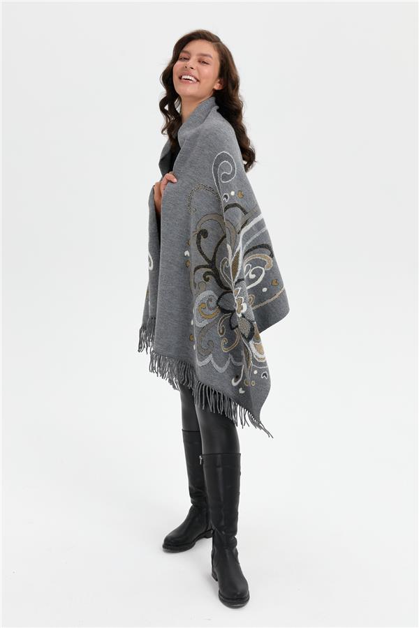 Kadın Karışık Büyük Çiçek Desenli Battal Boy Şal Füme