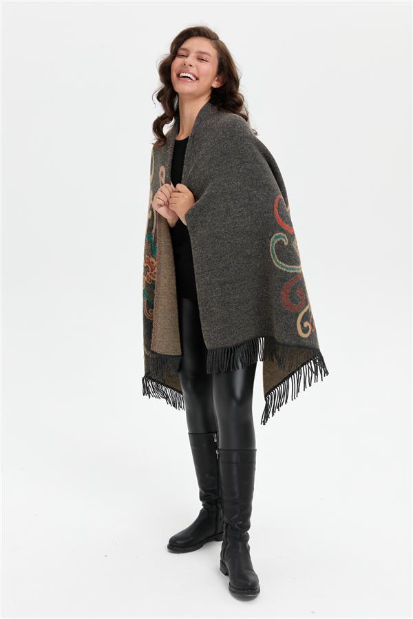 Kadın Karışık Büyük Çiçek Desenli Battal Boy Şal K.Füme