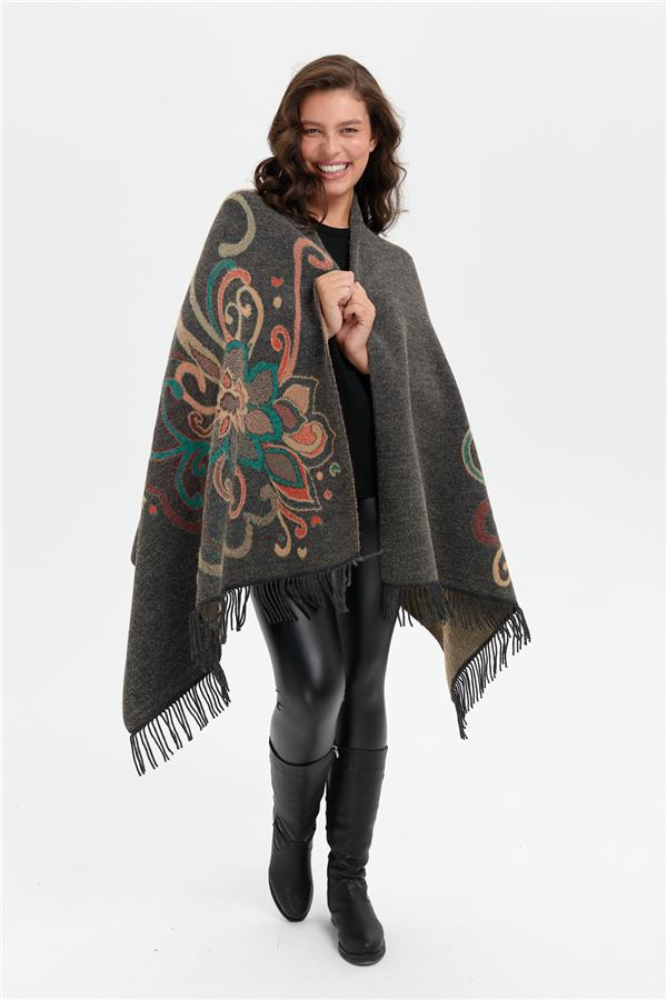 Kadın Karışık Büyük Çiçek Desenli Battal Boy Şal K.Füme