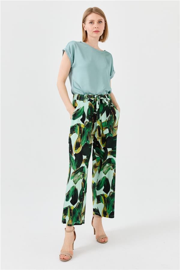 Kadın Karışık Desenli Bol Kesim Penye Pantolon Yeşil