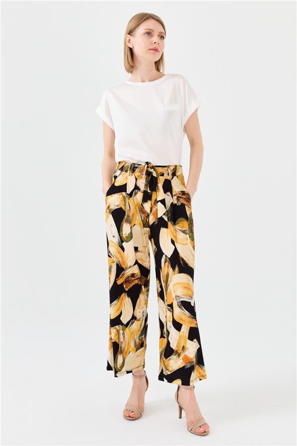 Kadın Karışık Desenli Bol Kesim Penye Pantolon Hardal