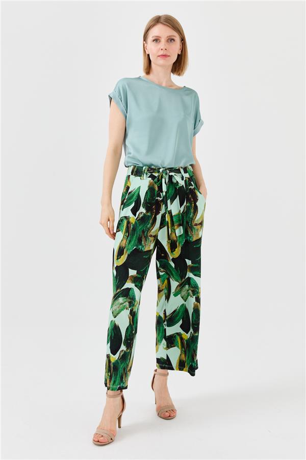 Kadın Karışık Desenli Bol Kesim Penye Pantolon Yeşil
