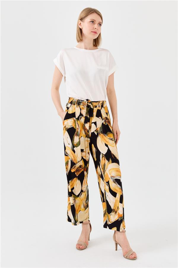 Kadın Karışık Desenli Bol Kesim Penye Pantolon Hardal