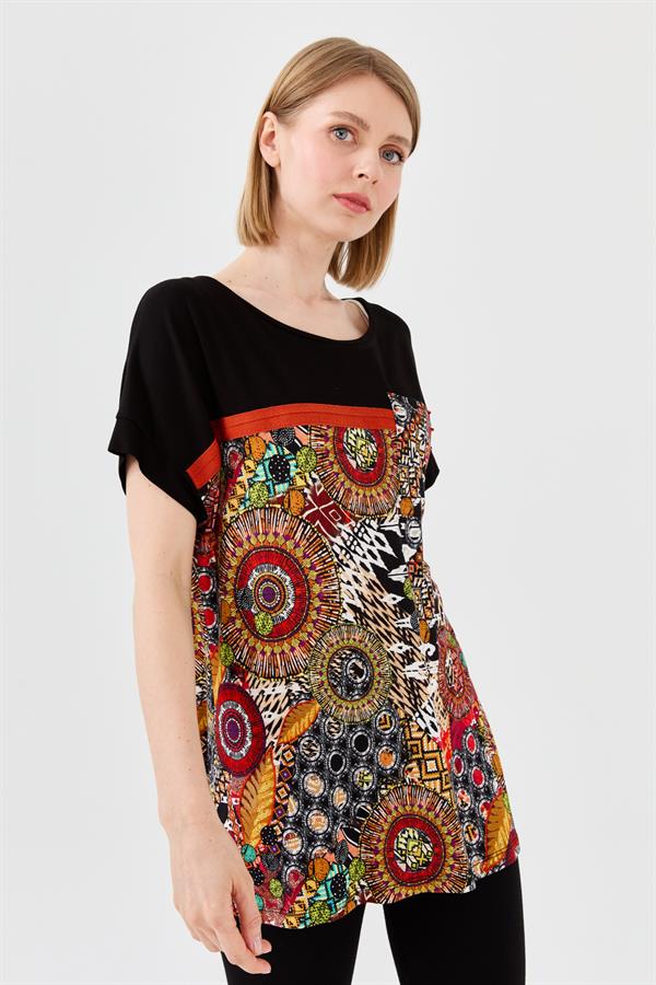 Womens Mixed Pattern Low-Sleeve T-shirt Black