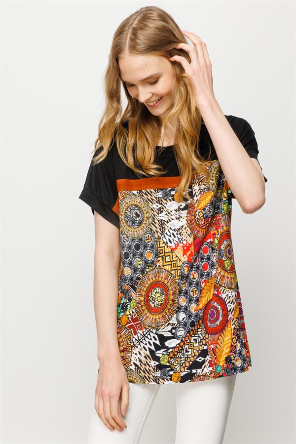 Womens Mixed Pattern Low-Sleeve T-shirt Black