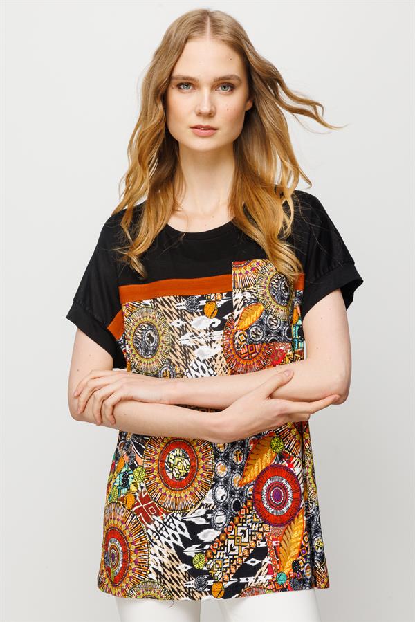 Womens Mixed Pattern Low-Sleeve T-shirt Black