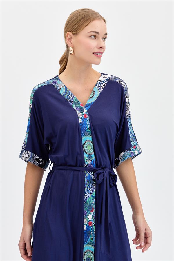Женское хлопковое платье на пуговицах спереди и пестрым рисунком темно синее