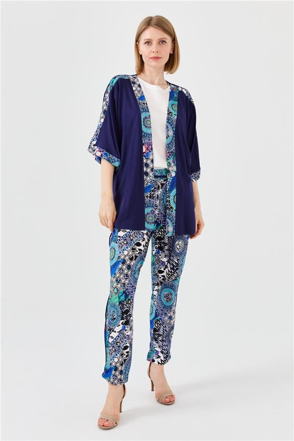 Женский хлопковый жакет с рукавом летучая мышь и пестрым рисунком темно синий 