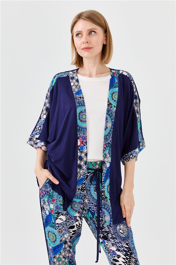 Женский хлопковый жакет с рукавом летучая мышь и пестрым рисунком темно синий 