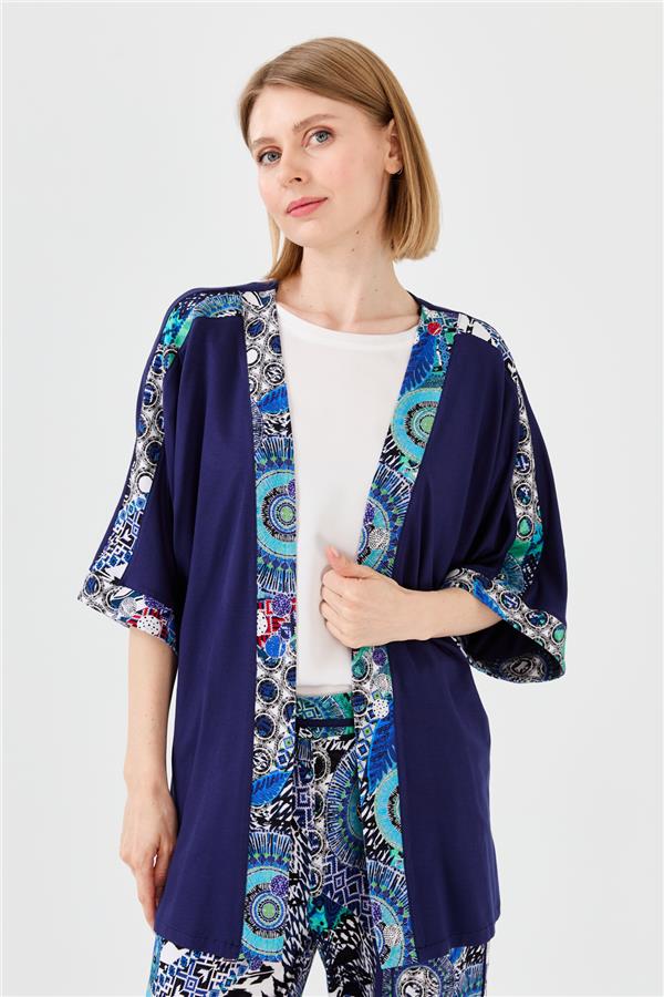 Женский хлопковый жакет с рукавом летучая мышь и пестрым рисунком темно синий 