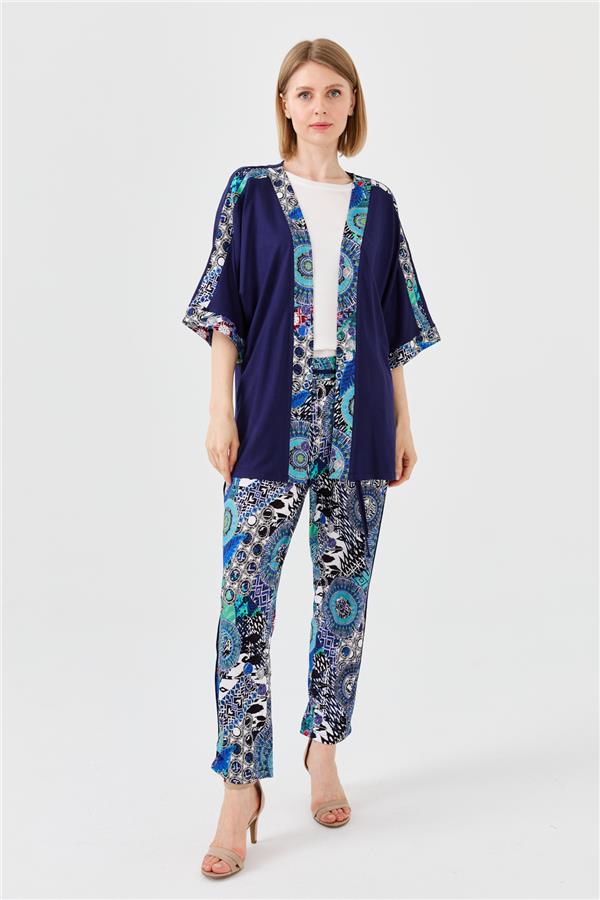 Женский хлопковый жакет с рукавом летучая мышь и пестрым рисунком темно синий 