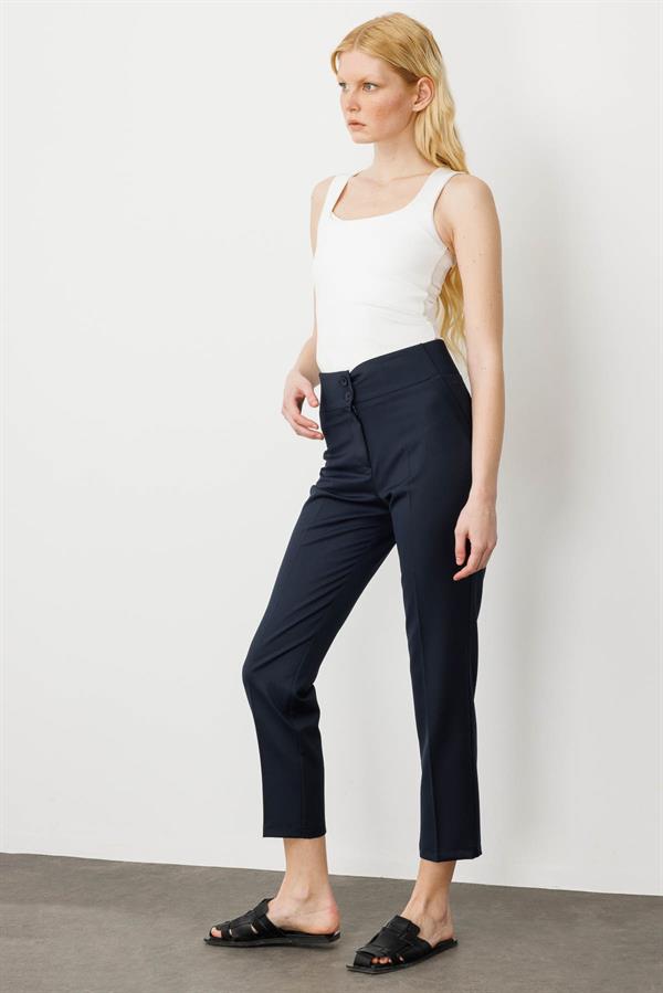 Kadın Kemer Yanı Lastikli Bilek Boy Yazlık Kumaş Pantolon Lacivert