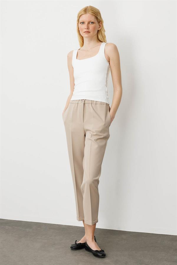 Kadın Kemeri Lastikli Yazlık Kumaş Pantolon Bej