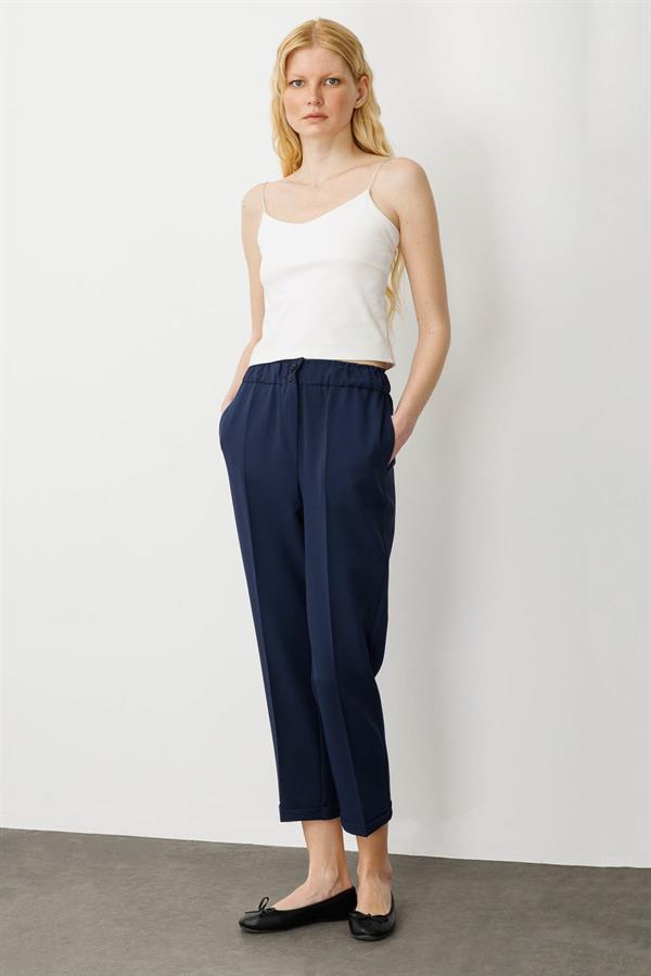 Kadın Kemeri Lastikli Yazlık Kumaş Pantolon Lacivert